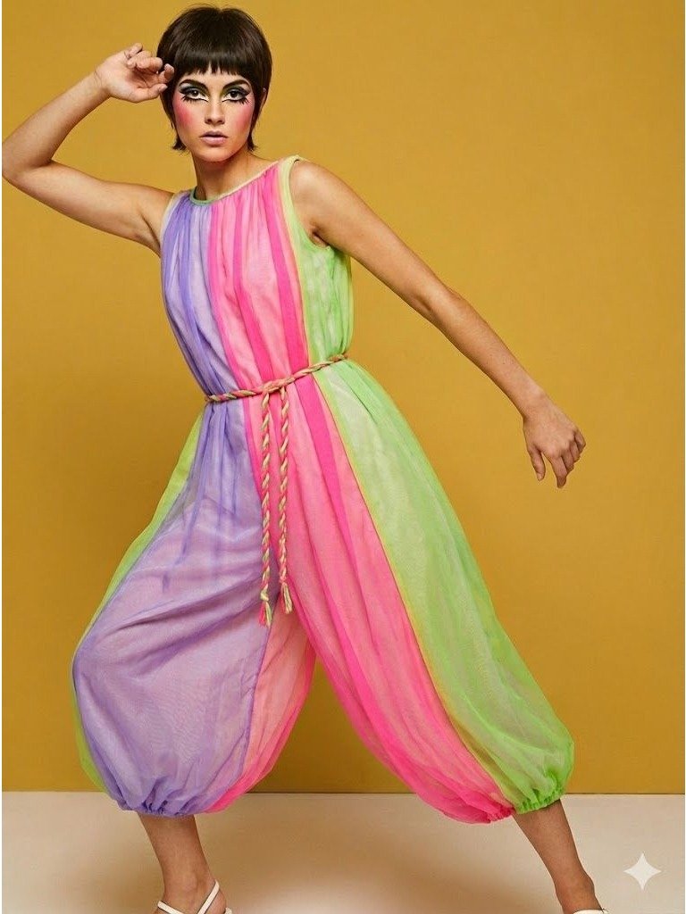 Vintage 60s Gay Mode Rainbow Pastel Harem Jumpsuit Mod Gogo Genie Lingerie Med